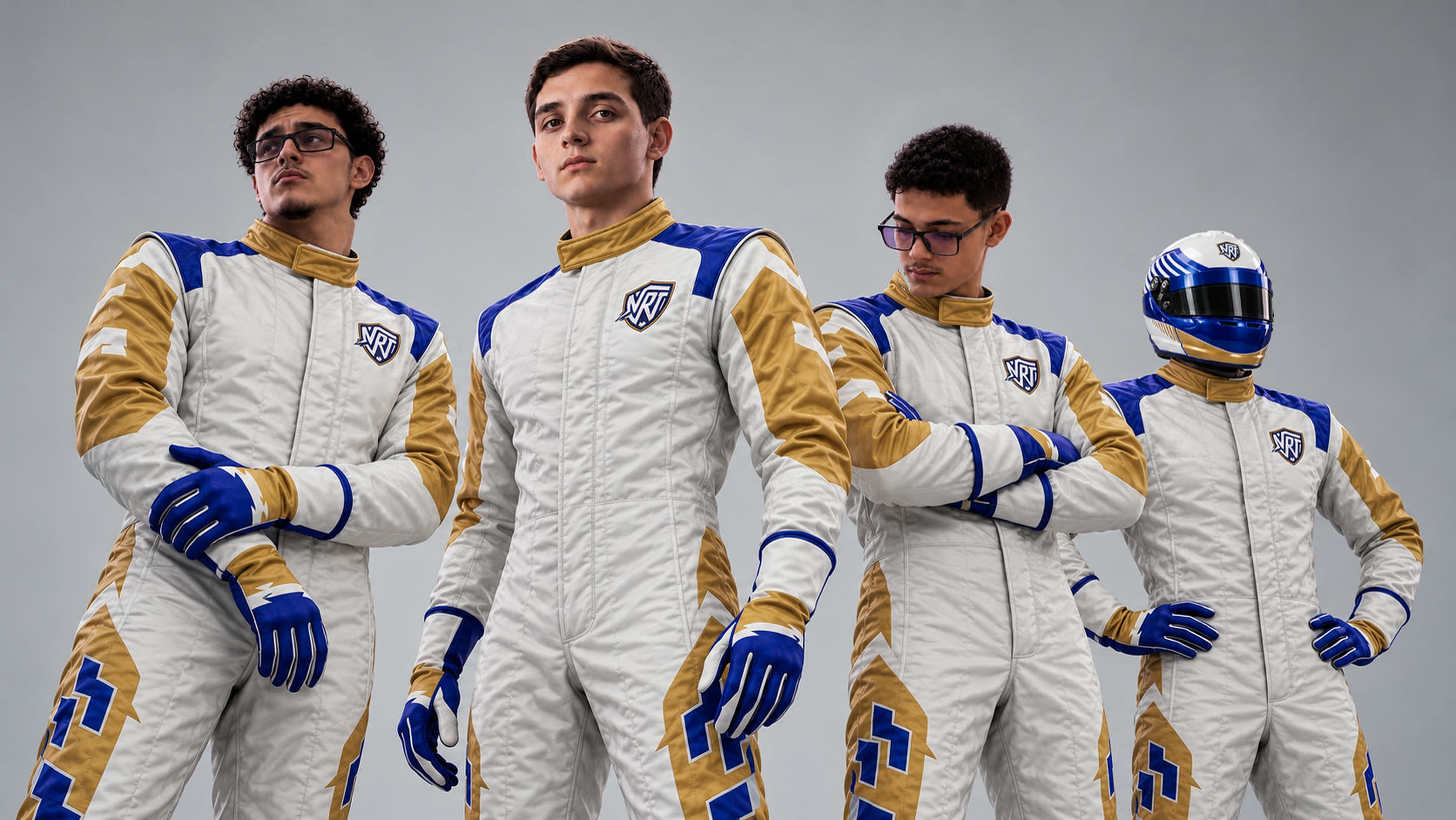 Os quatro pilotos da NRT reunidos, com o uniforme da equipe